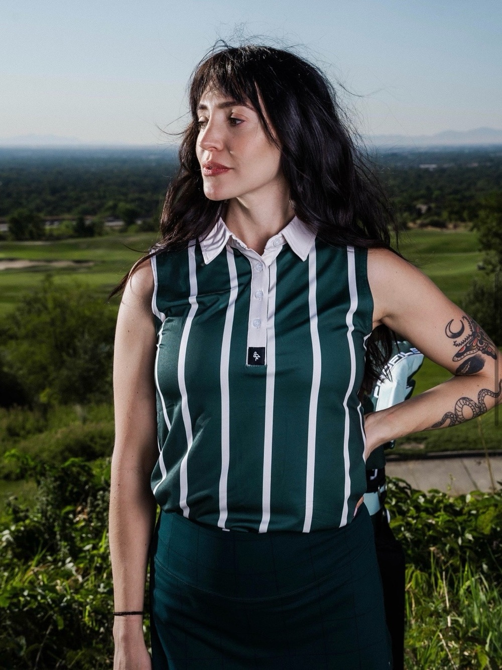 NWOT BYRDGANG Green and White Striped Sleeveless Golf Polo